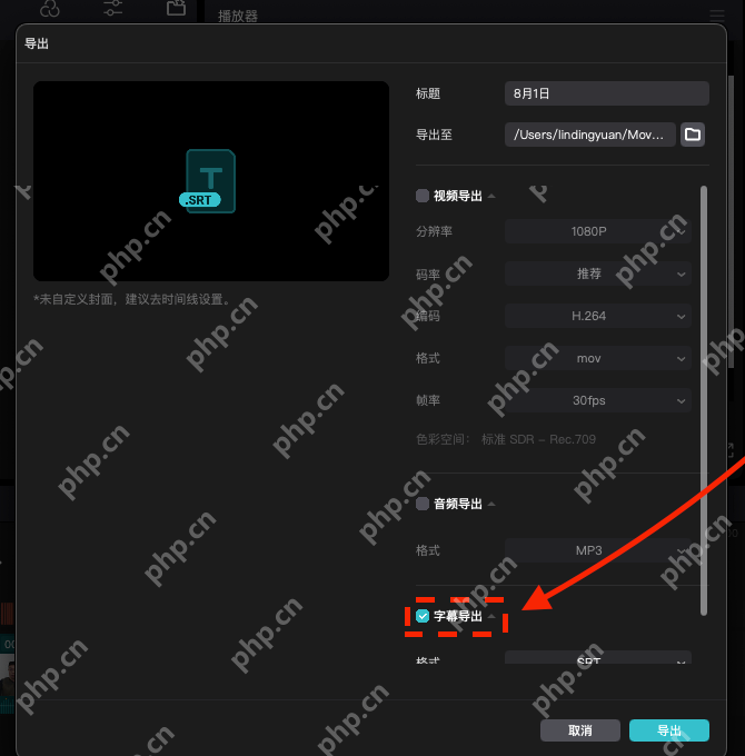 导出窗口滚动到字幕导出区域