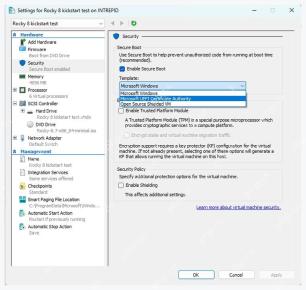 Hyper-V Security 页面中 Secure Boot 模板下拉列表