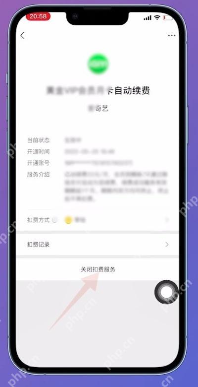 微信扣费项目详情页面中的关闭扣费服务按钮,证明停止连续包月的步骤