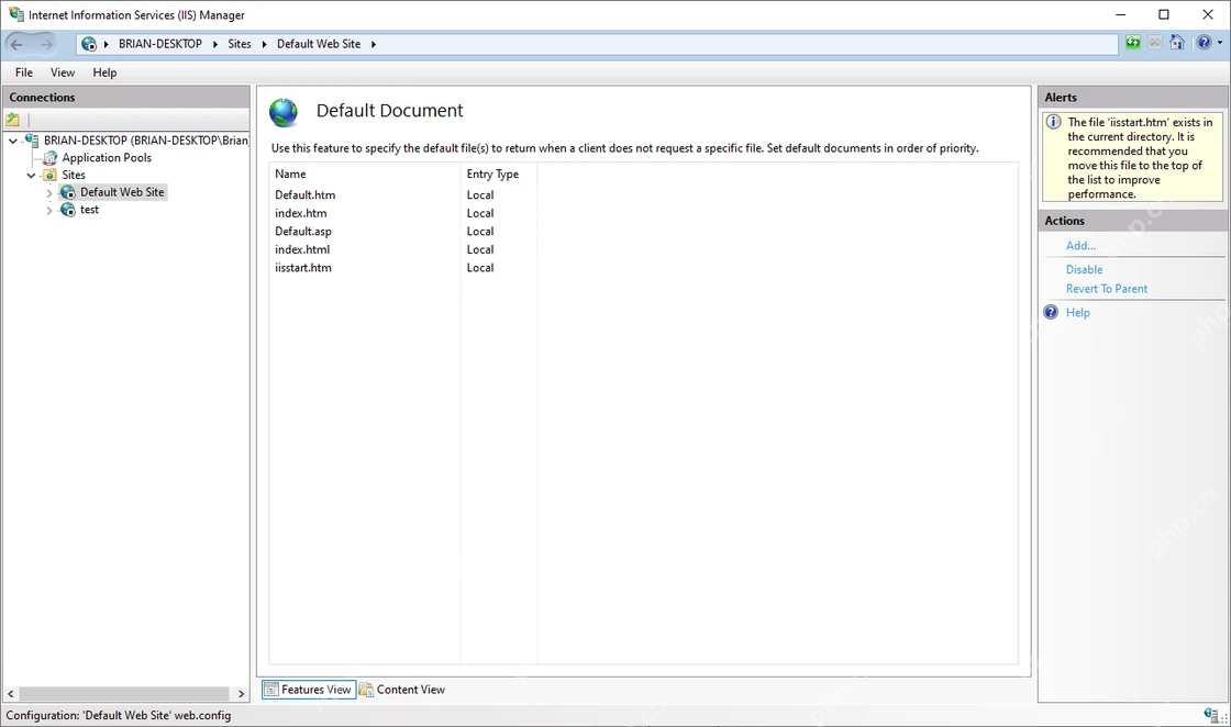 Windows10 IIS 管理器默认文档列表配置首页文件
