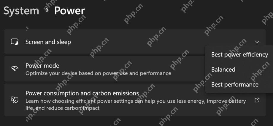Windows 11 电源页面 Power mode 下拉菜单。