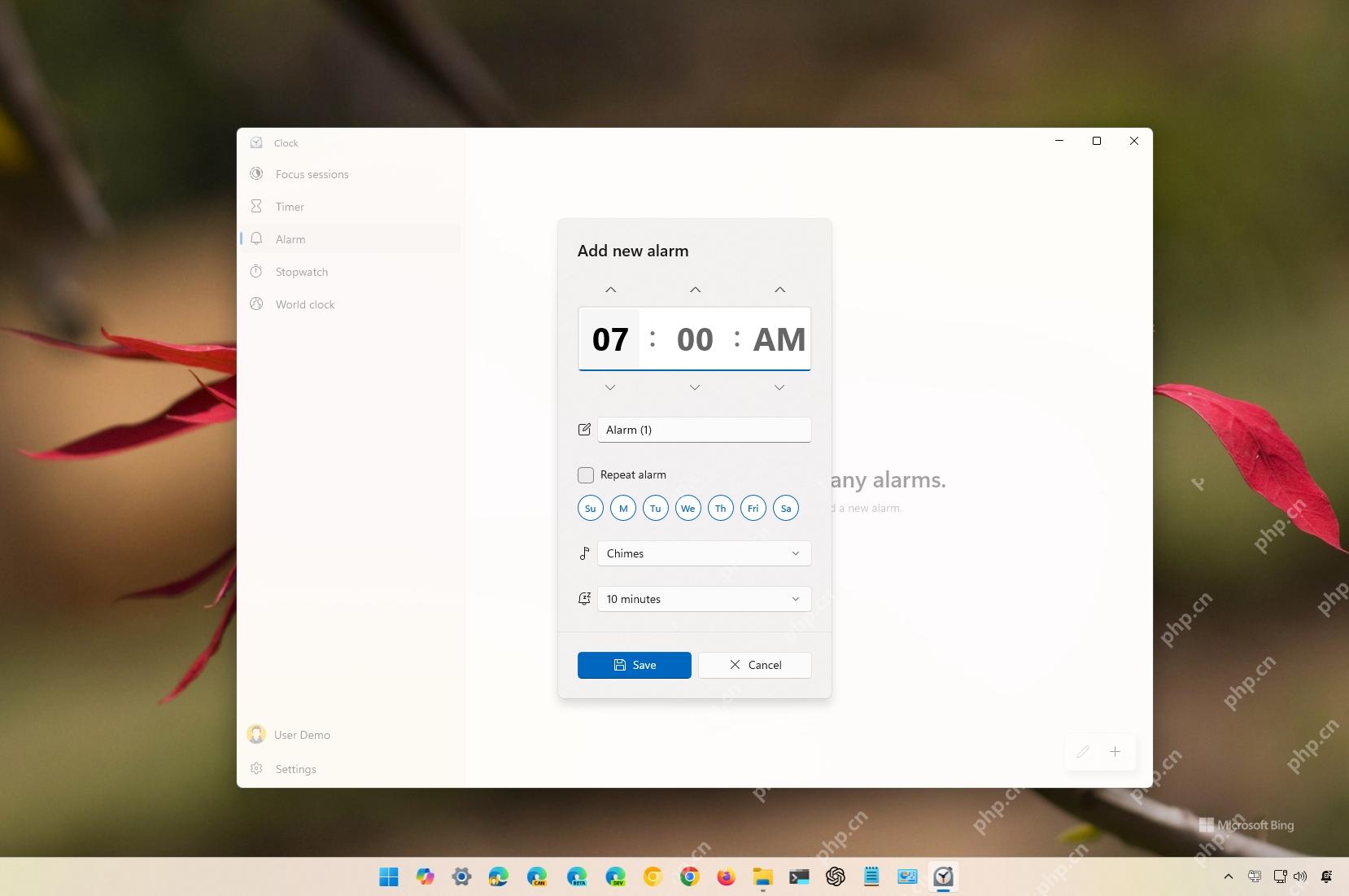 Windows 11 Clock 添加新闹钟窗口中设置时间名称重复日期和保存