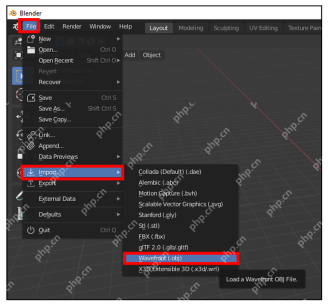 Blender File 菜单展开 Import 子菜单并高亮 Wavefront OBJ 入口