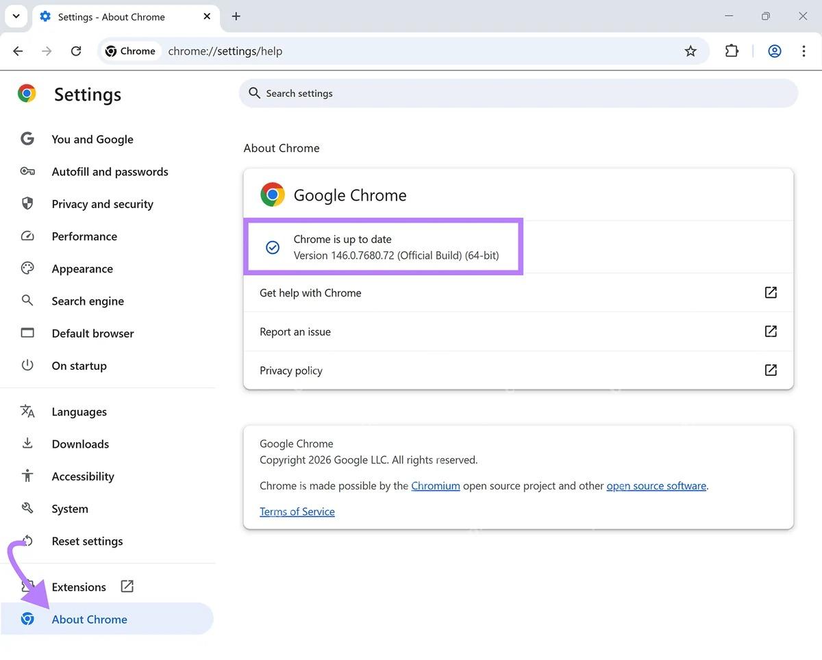 Chrome 关于页面版本与更新状态