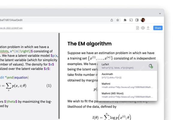 公式识别工具中展示复制为 MS Word 和 LaTeX 等格式的选项
