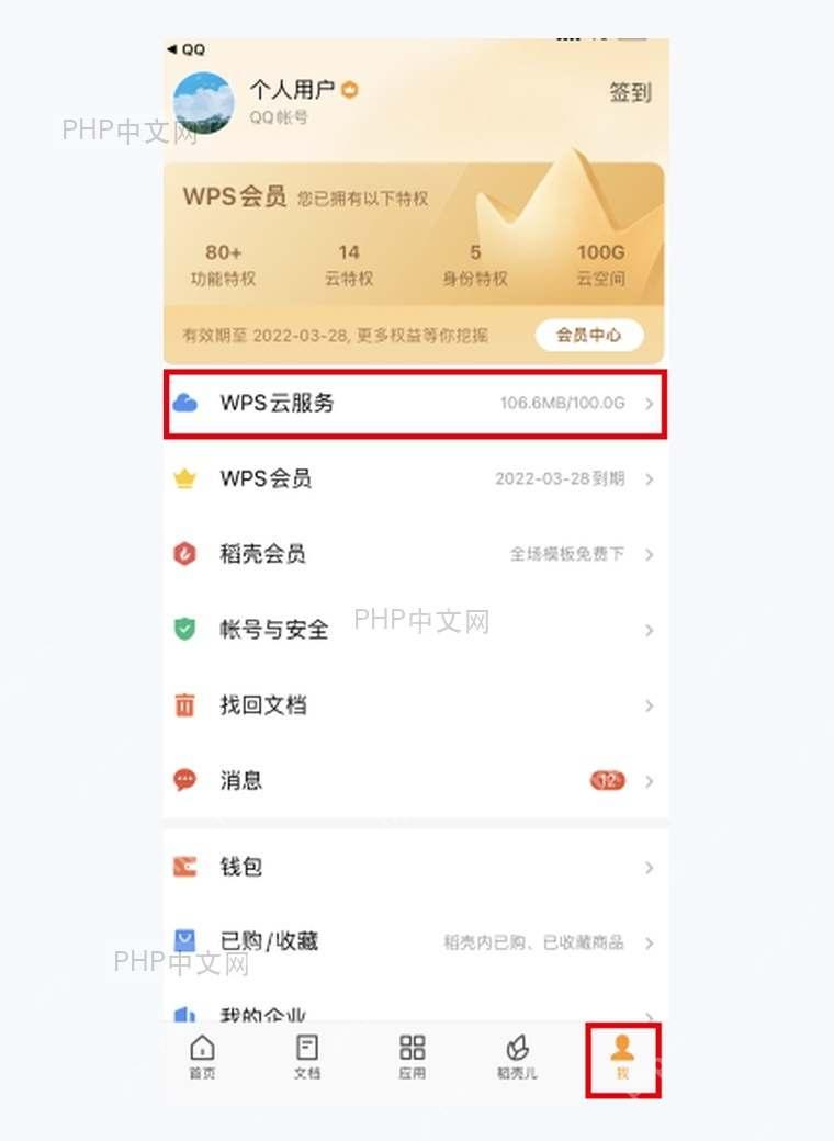 WPS安卓端我页面中WPS云服务入口被红框标出