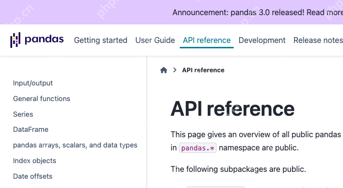 Pandas 官方 API reference 页面展示 pandas 公共 API 文档入口