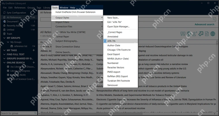 EndNote 21 Windows 在 Tools Output Styles 中选择 APA 7th 等输出样式