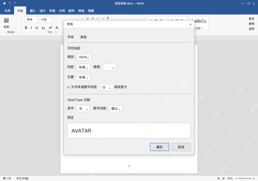 模拟 Microsoft Word 简体中文桌面版完整界面:西文字形配对,按需要启用 Kerning