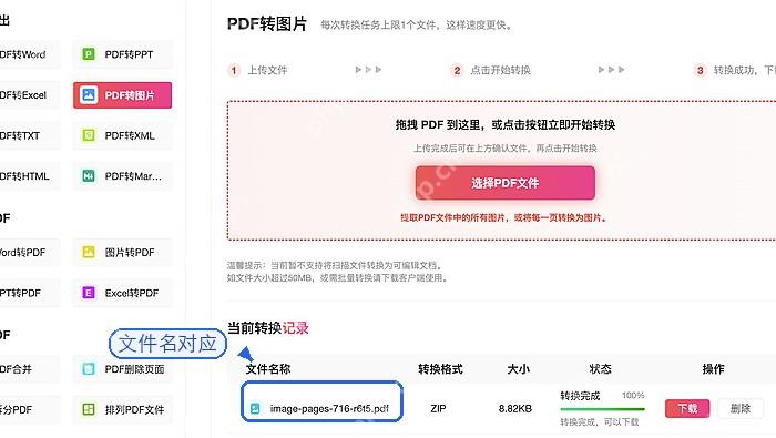 PDF转图片完成记录与下载入口