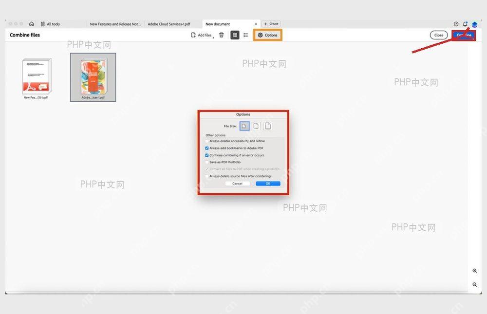 Acrobat 合并文件界面中 Options 设置框和右上角 Combine 按钮被标出