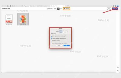 Acrobat 合并文件界面中 Options 设置框和右上角 Combine 按钮被标出