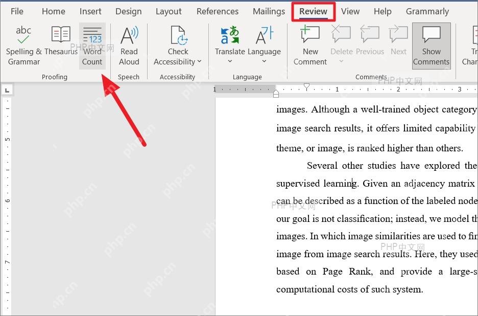 Microsoft Word 审阅选项卡中的 Word Count 按钮用于打开字数统计