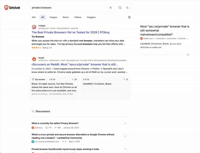 Brave Search 应用 Goggle 后的结果页面