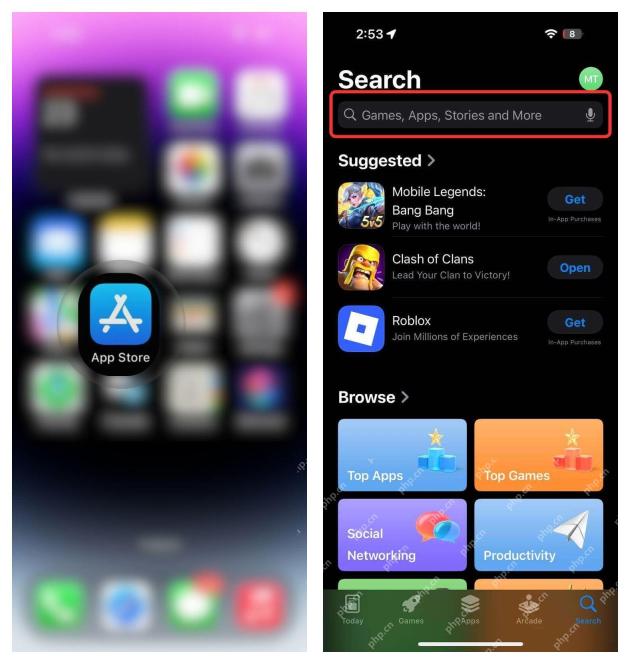 iPhone 打开 App Store 搜索页并输入 WPS Office 的步骤界面