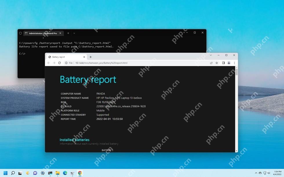 Windows 11 命令提示符运行 powercfg batteryreport 并打开 Battery report 页面