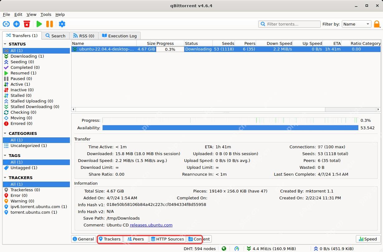 qBittorrent 底部 Trackers Peers Content 详情标签
