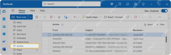 Outlook 左侧 Archive 文件夹已打开