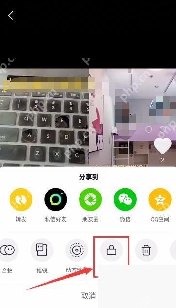 抖音作品底部操作面板中的权限设置按钮