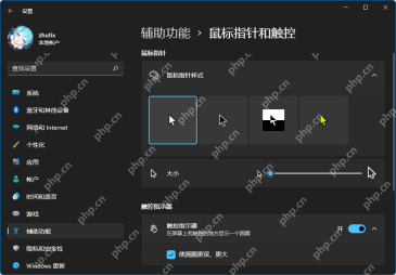 Windows 11 辅助功能 鼠标指针和触控页面