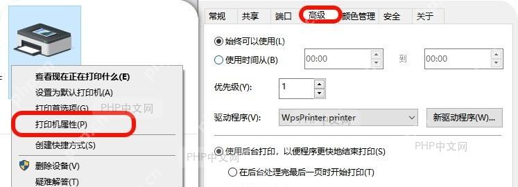 打印机属性高级选项卡中的直接打印到打印机设置
