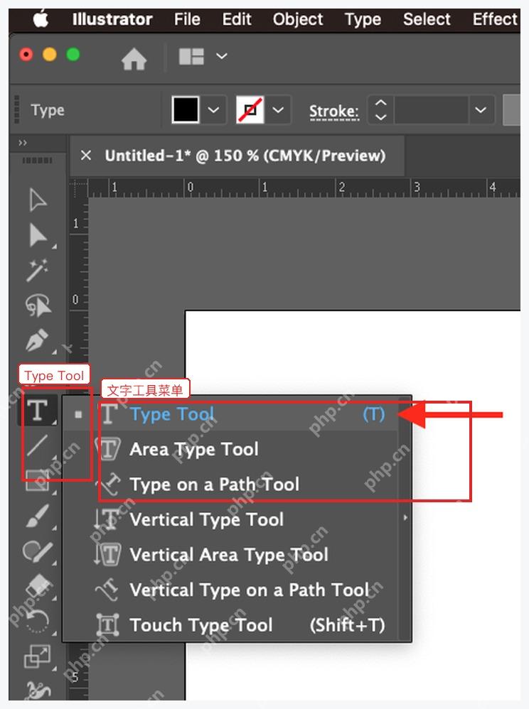 Illustrator 工具栏中展开 Type Tool 文字工具