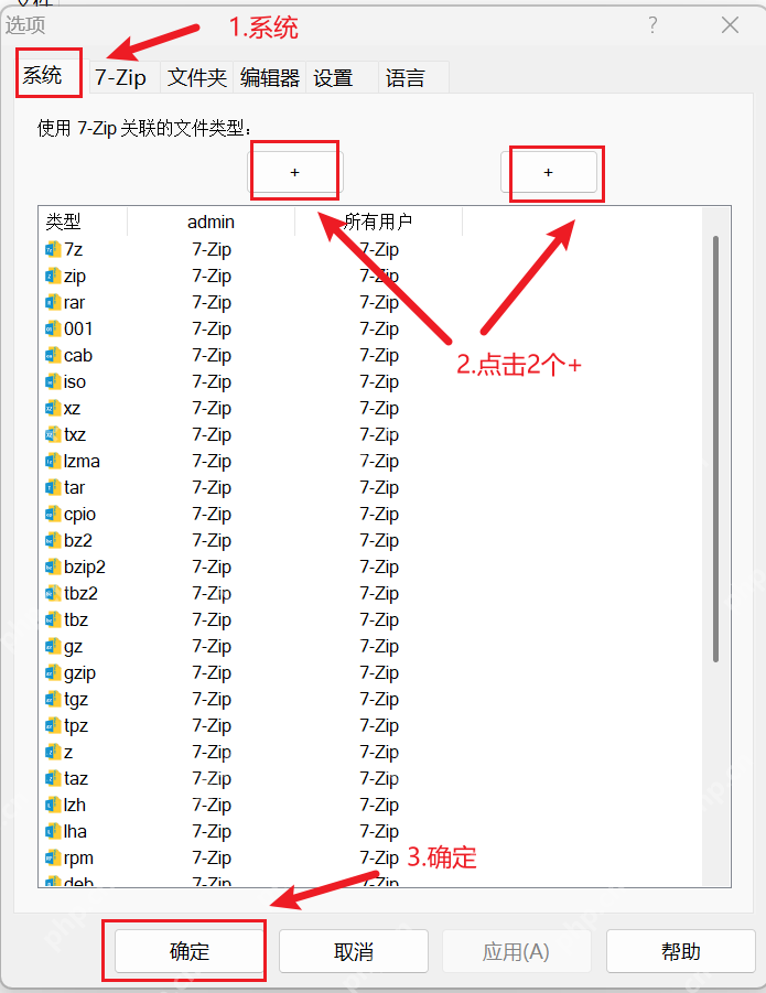 7-Zip 的系统页已经列出 7z、zip、rar、iso、tar 等常见扩展名,并标出了批量关联入口。