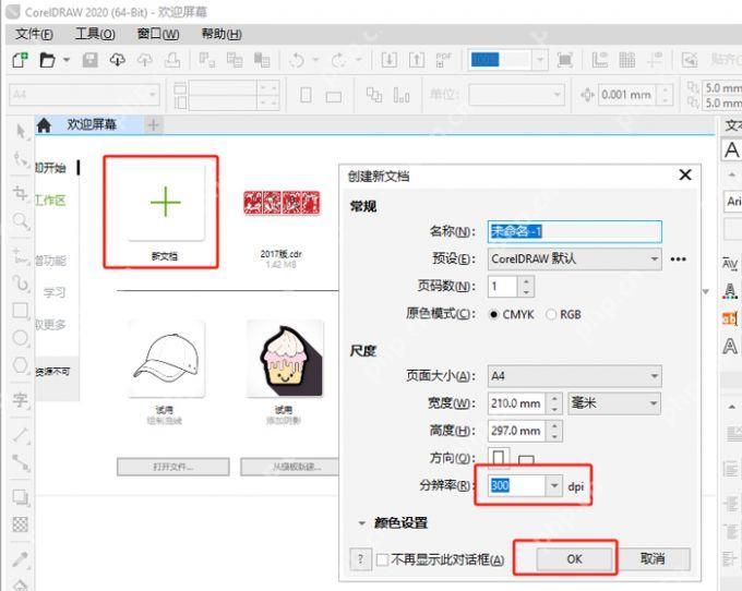 Windows 桌面 CorelDRAW 新建文档窗口显示页面和分辨率设置,证明导出不了文件时还要检查源文档参数是否异常。