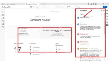 Adobe Acrobat 对比结果页显示总修改数和右侧差异列表,用于第四步查看 PDF 对比结果