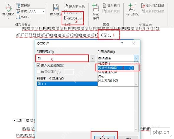 Word引用选项卡中打开交叉引用窗口并选择引用类型和引用内容