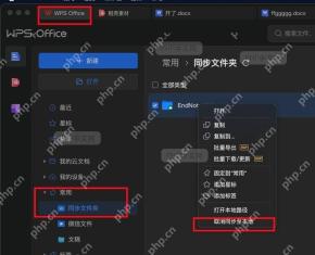 取消现有同步文件夹:WPS 菜单栏、常用选项卡及同步文件夹列表界面