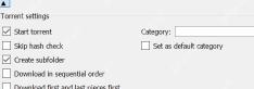 qBittorrent Add new torrent 窗口 Torrent settings 区域的 Download in sequential order 选项