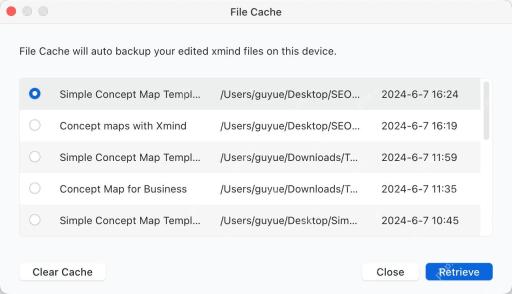 Xmind Pro File Cache 窗口列出缓存文件、路径和时间。