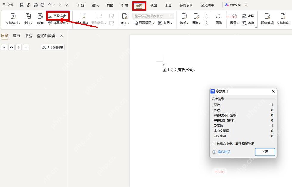 WPS文字审阅选项卡中的字数统计按钮,用于打开统计窗口