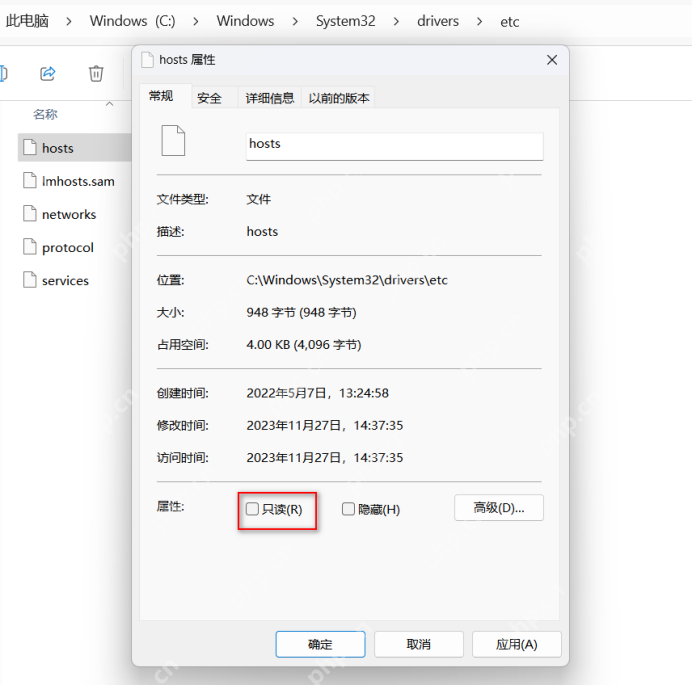 Windows hosts 文件属性窗口中显示只读选项
