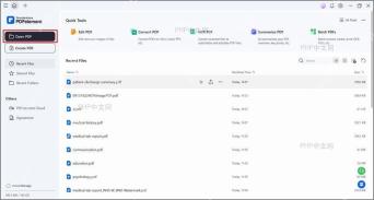 PDFelement 首页里的 Open PDF 入口，用于打开需要删除页眉页脚的 PDF