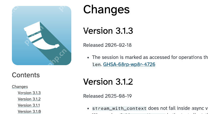 Flask 官方 Changes 页面列出 3.1.3 和 3.1.2 更新条目