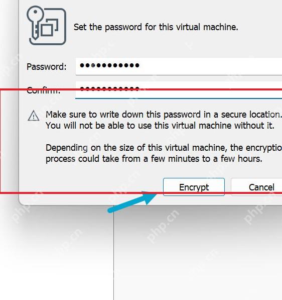 VMware Workstation Encrypt Virtual Machine 对话框显示 Password Confirm 和 Encrypt 按钮