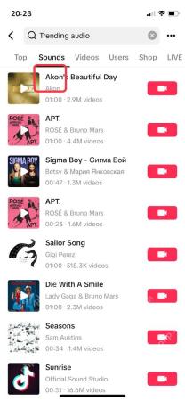 TikTok APP 搜索声音素材界面