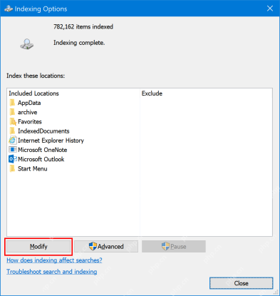 Win10 Indexing Options 窗口中 Modify 按钮被框出