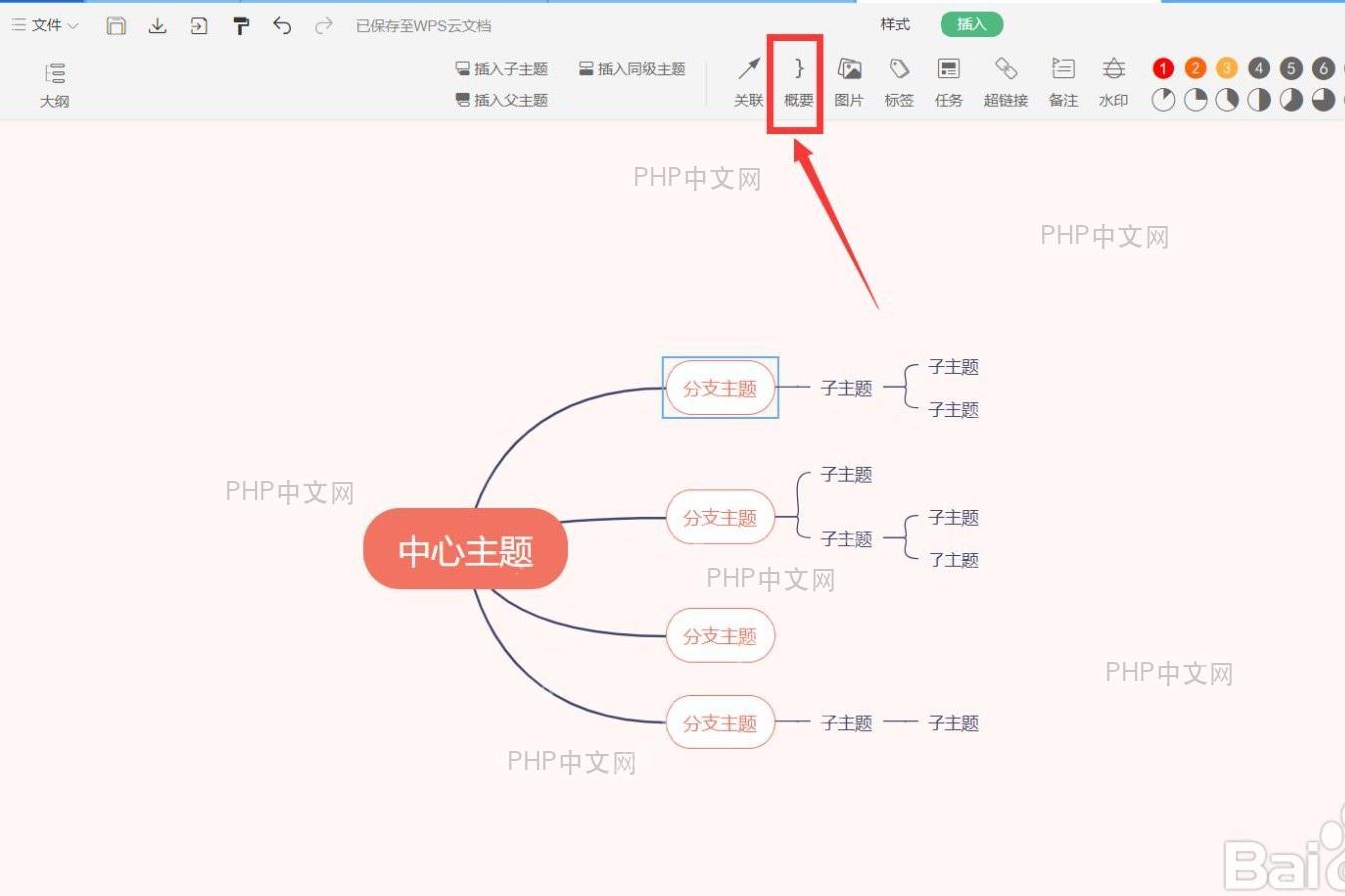 WPS 思维导图插入选项卡中点击概要按钮的步骤图