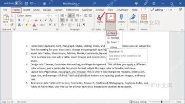 Microsoft Word 开始选项卡中的 Find 查找入口服务第一步