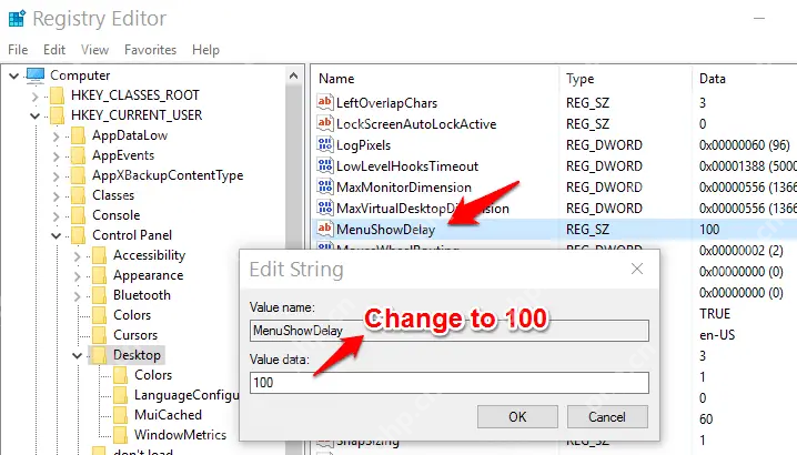 Windows 注册表编辑器中编辑 MenuShowDelay 数值为 100