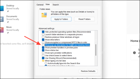 Windows 文件夹选项查看页中取消 Show pop-up description for folder and desktop items
