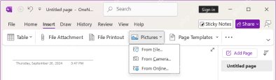 OneNote 插入图片入口用于放入表格截图