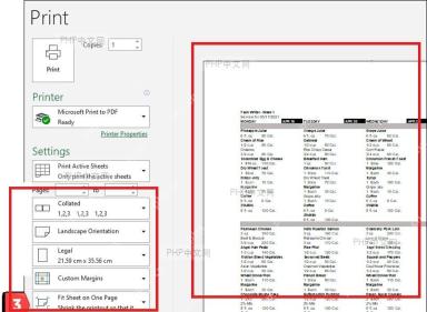 Excel 打印预览界面显示横向方向和单页预览结果,用于确认整个工作表已经打印在一页内