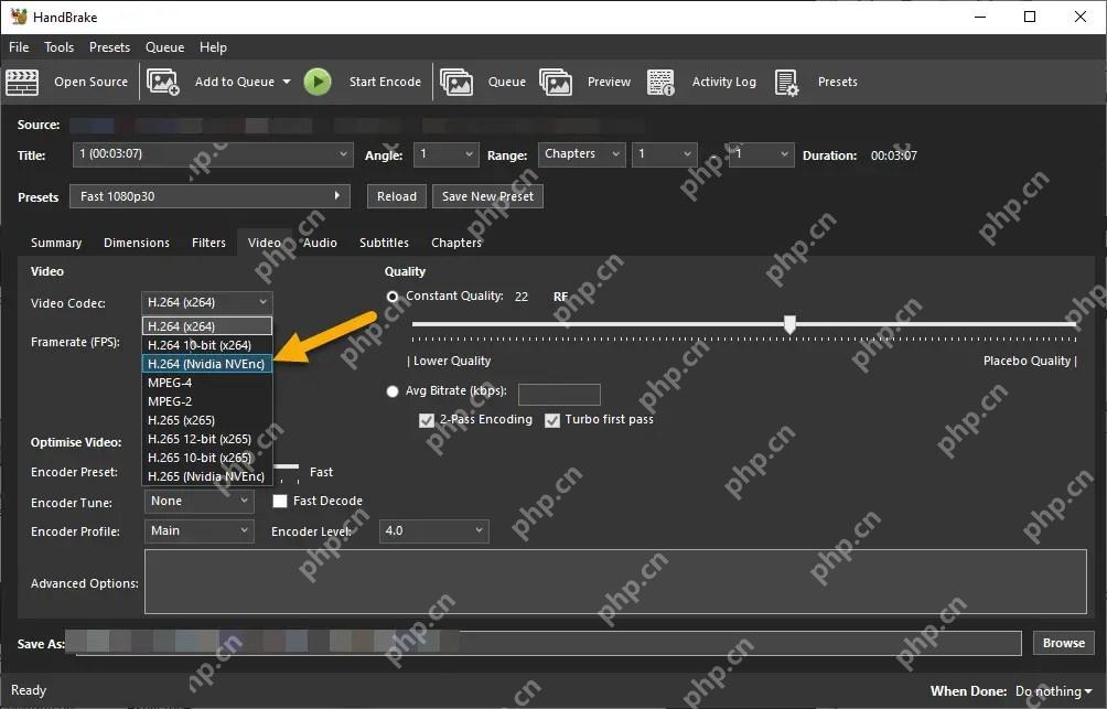 HandBrake Windows 桌面端界面,展示视频设置与本步骤涉及的控件