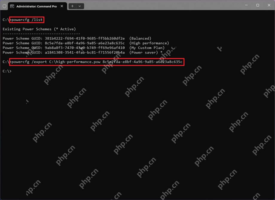 Windows 终端显示 powercfg /list 输出,包含 Balanced、High performance、自定义计划和 GUID