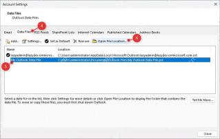 Outlook 账户设置数据文件页查看 pst 文件位置