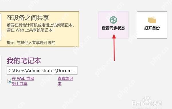 OneNote桌面端打开查看同步状态入口